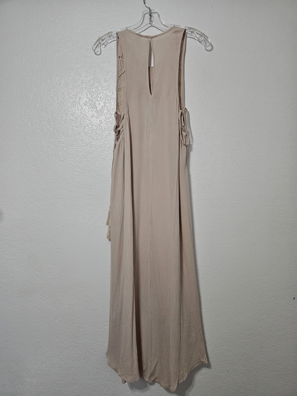 LUNIK Boho Embroidered High Low Maxi Dress Large Beige Blush Rayon Tassel Fiesta - Picture 3 of 7